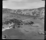 Rawhiti Point, view of Hauai and Oke Bays with farmland and buildings, Bay of Islands, Northland