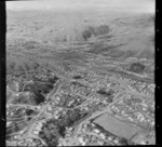 Tawa Flat with Lyndhurst Park in foreground, with Tawa Township and railway in the valley below, with the Johnsonville-Porirua Motorway and East Linden beyond, Wellington Region