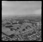 One Tree Hill (Maungakeikei), Auckland, includes parkland, volcanic peak, housing, roads and Rangitoto Island