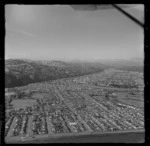 The suburb of Petone with Petone Beach in foreground with Petone Recreational Ground to the Hutt River and Lower Hutt City beyond, Hutt Valley, Wellington Region