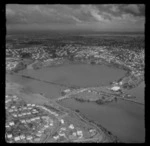 Orakei Basin with Ngapipi Road in foreground with Orakei Road Bridge looking to Mount Wellington, Hobson Bay, Auckland City