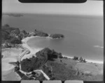 Kaiteriteri coastal settlement and beach with Riwaka-Kaiteriteri Road in foreground and Tasman Bay beyond, Nelson Region