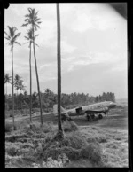 Unidentified personnel standing under a wing of a C47 transport plane, Faleolo Airport, Western Samoa