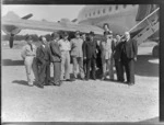 Fraser, Rt Hon Prime Minister at Whenuapai prior to departing for England by RAFTC [Royal Air Force Technical College], DC4 aircraft.