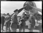 Royal New Zealand Air Force Wing Commander R Webb, Squadron Leader de Willimoff and Squadron Leader MT Vanderpump, Ardmore Airport, Auckland