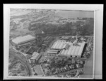 Copy photograph of a drawing showing an aerial view of the proposed Waitemata Brewery factory on site with alongside existing roads and commercial buildings, Otahuhu, Auckland