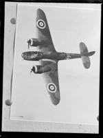 View of a Bristol Blenheim MKIVF medium range World War II era day bomber with two 905 HP MercXV engines, flying over [Europe?]