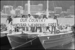 CANWAR protesters on a yacht in Wellington Harbour, protesting against the entrance of American nuclear warships into Wellington