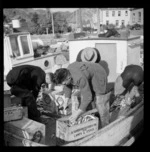 Group of unidentified fishermen, packing herrings into boxes, Picton, Marlborough Sounds