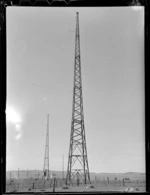 General view of two aerial transmitter masts, Musick Point Air Radio Station, Howick, Auckland