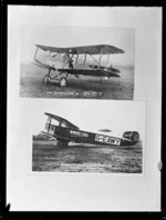 Copy photograph of a RAF de Havilland or AIR-CO 2 single-seat pusher configuration biplane fighter, and a Handley Page Transport Ltd Bristol G- EAWY Transport Aeroplane, on runways of unknown locations