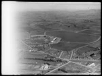 View of Wigram Aerodrome RNZAF base with planes, hangars and buildings, Christchurch, Canterbury