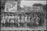 Group waiting for the Vino Bar to open at 5 NZ Field Regiment Gymkhana, Arce, Italy, World War II - Photograph taken by George Bull