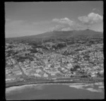 New Plymouth, Taranaki Region, looking towards Mount Taranaki, including commercial buildings, waterfront and railyards