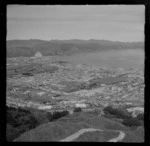 View over the Lower Hutt Valley suburb of Petone with the Petone Recreational Ground, Shandon Golf Club links, Petone Beach and Wellington Harbour