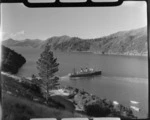 View of Queen Charlotte Sound, including passenger ship and yachts, Picton, Marlborough region