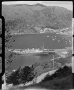 Passenger ship berthed at Picton wharf, including yachts, Picton, Marlborough region