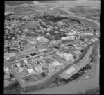 View south over High Street, Lower Hutt City CBD, with the Hutt River, Hutt Recreational Ground and Hutt Valley High School to Wellington Harbour beyond