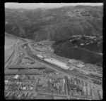 View over the industrial area of the Lower Hutt Valley suburb of Petone with Railway Station and the Hutt Road, with Wellington Harbour beyond