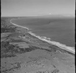 Mokau, Waikato District, including Mokau River and coastline, with Mount Egmont in the distance