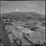 View of Taranaki Base Hospital with farmland and Mount Taranaki beyond, Taranaki Region