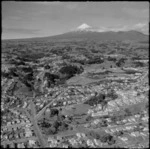 View to the New Plymouth suburb of Lower Vogeltown with Dawson Street in foreground to Western and Sanders Parks, with farmland and Mount Taranaki beyond, Taranaki Region