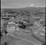 View of Taranaki Base Hospital with farmland and Mount Taranaki beyond, Taranaki Region