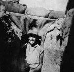 New Zealand soldier, James Hutchison, outside dug-out, Gallipoli, Turkey