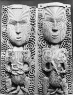 Wooden Maori carvings which originally formed the ridgepole of Rangitihi meeting house in Taheke, Lake Rotoiti