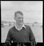 Portrait of [R Gibbons?], Grand Prix Driver at Ardmore Aerodrome Racetrack, South Auckland