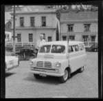 Mr Ashford, roving announcer for Nelson Radio Station ZL2RO, with 'Seldomome' Bedford van