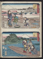 Ichiryusai Shigenobu, Hiroshige II, 1826-1869 :[Tokaido scenes. 1863?] Figures crossing Nihonbashi in Edo. Figures crossing river in ferry