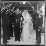 Wedding of Lieutenant and Mrs Munro with Honour Guard of unidentified Naval Officers at an unknown church location, probably Wellington Region