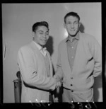 Boxing, portrait of boxers Tuna Scanlan and Clive Stewart shaking hands, probably Wellington City