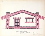 Godber, Albert Percy, 1876-1949 :[Drawings of Maori rafter patterns]. Proposed design for front of Whare Karakia, Kereone, Rukumoana. March 1943. Scale 1/2" = 1 ft. Inclination of amo = 6" in 10'0".