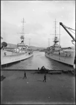 Raine, William Hall, 1892-1955 (Photographer) : Warships Diomede and Dunedin, berthed in Wellington