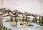 Backhouse, John Philemon, 1845-1908 :[River steamer and bridge on the Waikato. 1880]