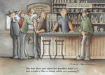 Henshaw, David, 1939-2014 :"The bar does not open for another hour yet... but would y'like a drink while yer waiting?" from Jock's Country Life calendar published in 1997.