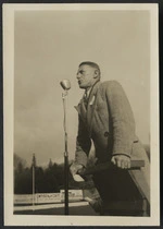 Man speaking into a microphone, waterfront strike, Auckland