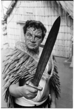 Actor, Don Selwyn, brandishes Te Rauparaha's sword