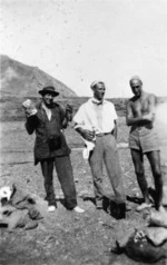 F C Burgess, G S Evatt and Nugent Welch, at their camp near Cape Palliser lighthouse