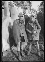 J W Butcher and Jim Nichols outside the first Waiopehu Hut, Tararua Range