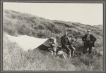 Two men by bivouac on Mitre-Holdsworth Ridge, Tararua Ranges