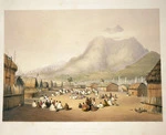 Angas, George French, 1822-1886 :Tu Kaitote, the pah of Te Wherowhero on the Waikato, Taupiri Mountain in the distance. George French Angas [delt]; G. W. Giles [lith]. Plate 15. 1847.