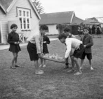 Children taking part in tooth brush drill, Te Kaha school, Opotiki