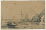Heaphy, Charles 1820-1881 :[Boats at low tide by a pierced rock 185-?]