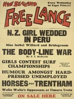 New Zealand Free Lance :N.Z. girl wedded in Peru. Miss Isobel Wilford and bridegroom. The body-line war, by F T Badcock. Girls contest surf championships; spectacular display at Takapuna. Humour among hard-pressed unemployed. Horses for Trentham. Walla Walla's opponents at Timaru trots. [1934].
