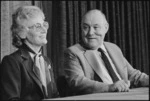 Robert Muldoon and his wife Thea, at a press conference prior to the 1984 general election, Beehive, Wellington
