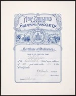 New Zealand Amateur Swimming Association :Certificate of proficiency. This is to certify that [Dolly Dudson], of the [Carterton District High School] swam a distance of [300] yards, which entitles [her] to this certificate. [Signed F H Bowler], president; T N Rundle], hon secretary. Dated [October 5, 1916]. Ch.Ch. Press Co., lith [ca 1916]