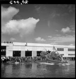 Official launching ceremony for eight motor tow-boats built in Auckland for United States armed forces